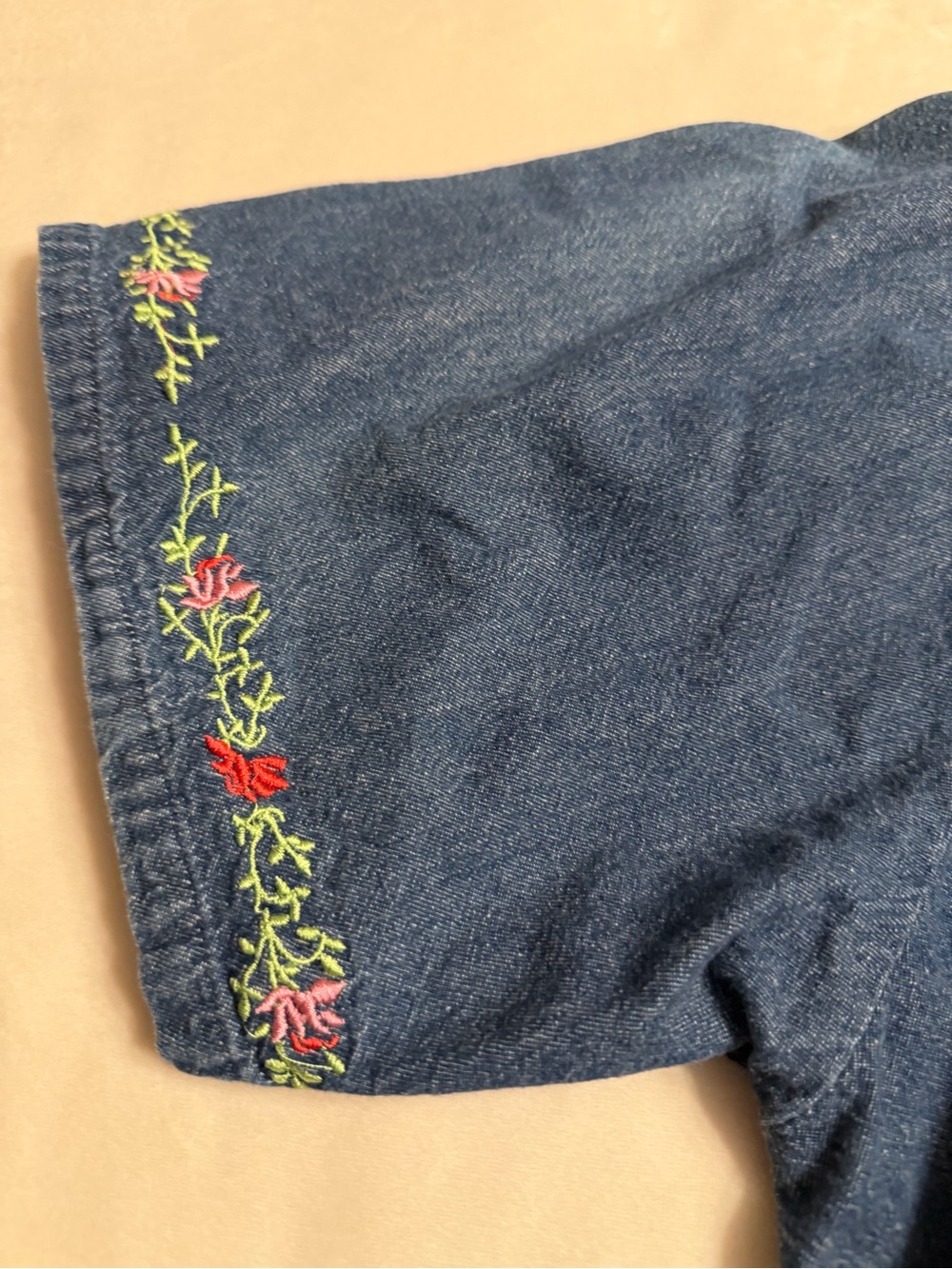 Vintage 90s Denim Floral Embroidered V-Neck Patio Swing Dress, see measurements - Picture 8 of 12